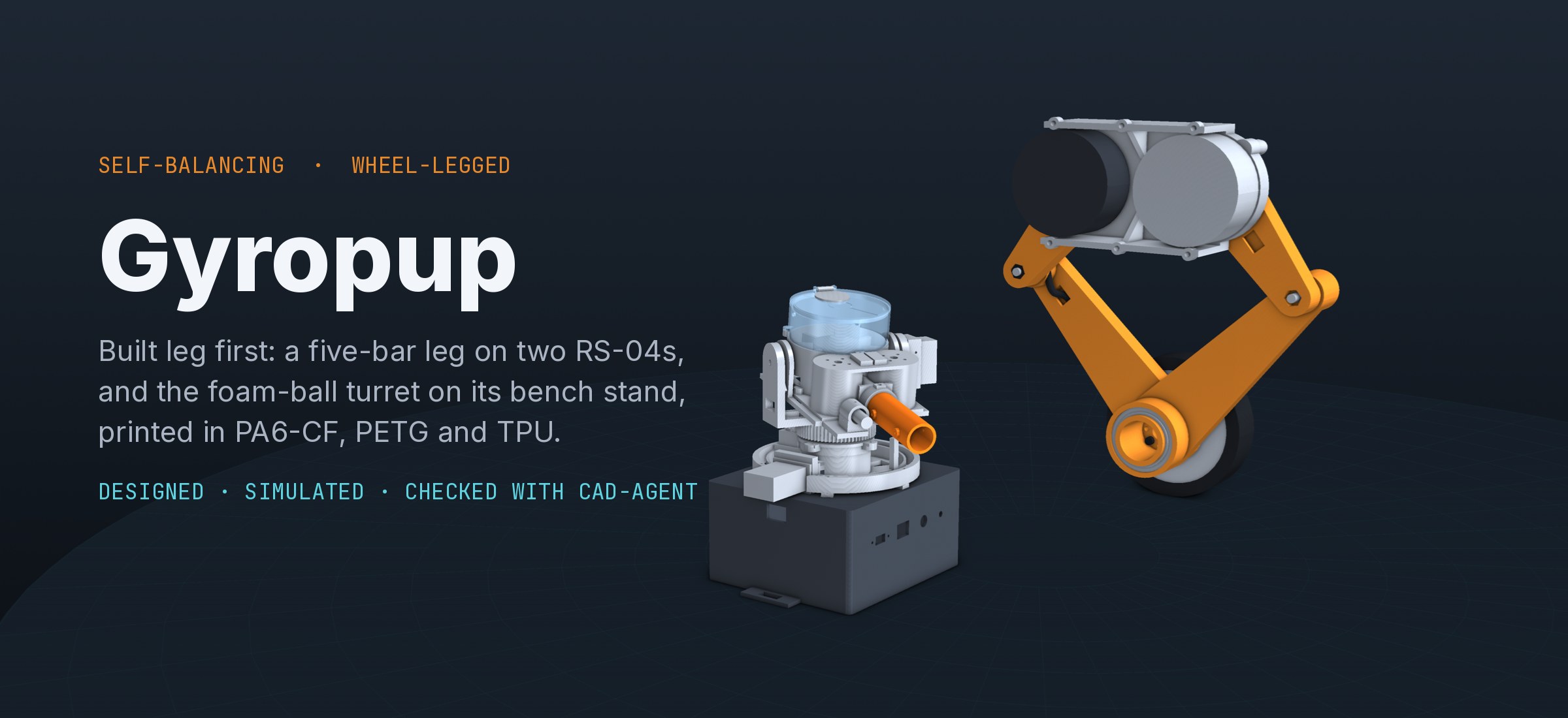 Gyropup, built leg first: one five-bar leg v2 on two RS-04s beside the foam-ball turret on its bench stand